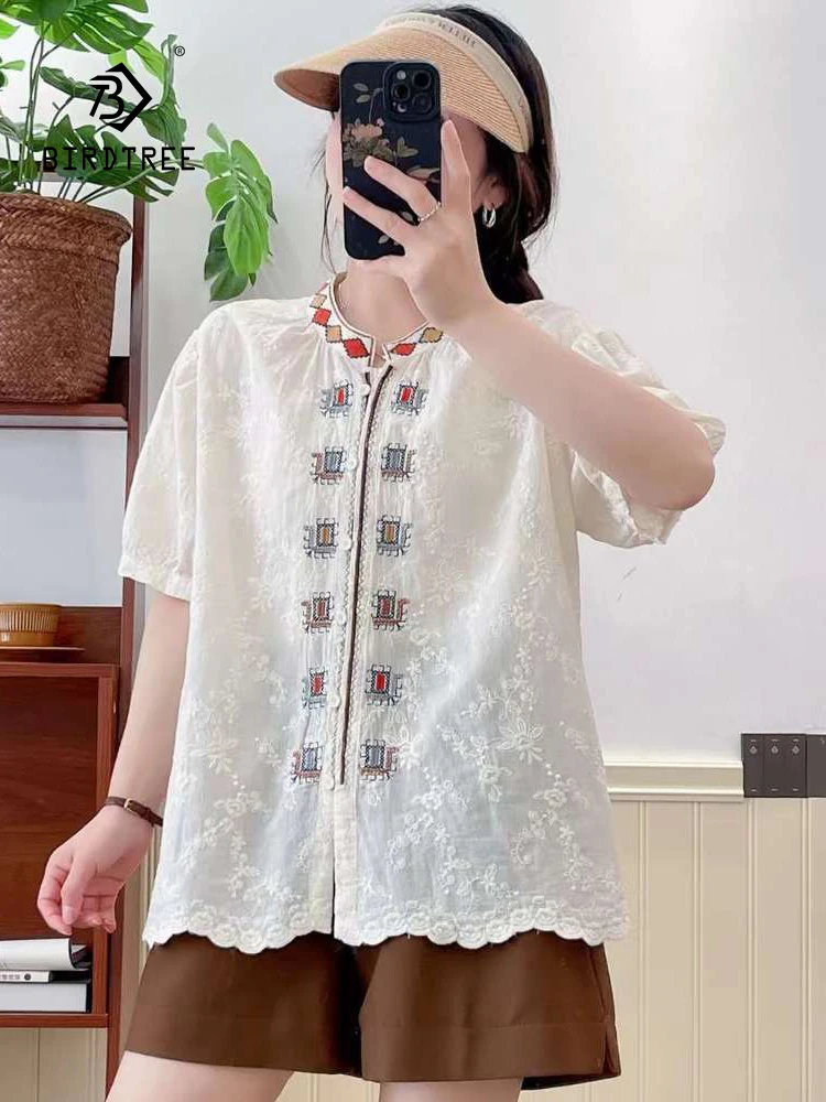 

New Spring Cotton Embroidery Shirt Women O-Neck Short Sleeve Commute Blouse Girl Ethnic Style Loose Top 2024 Autumn T45417QC