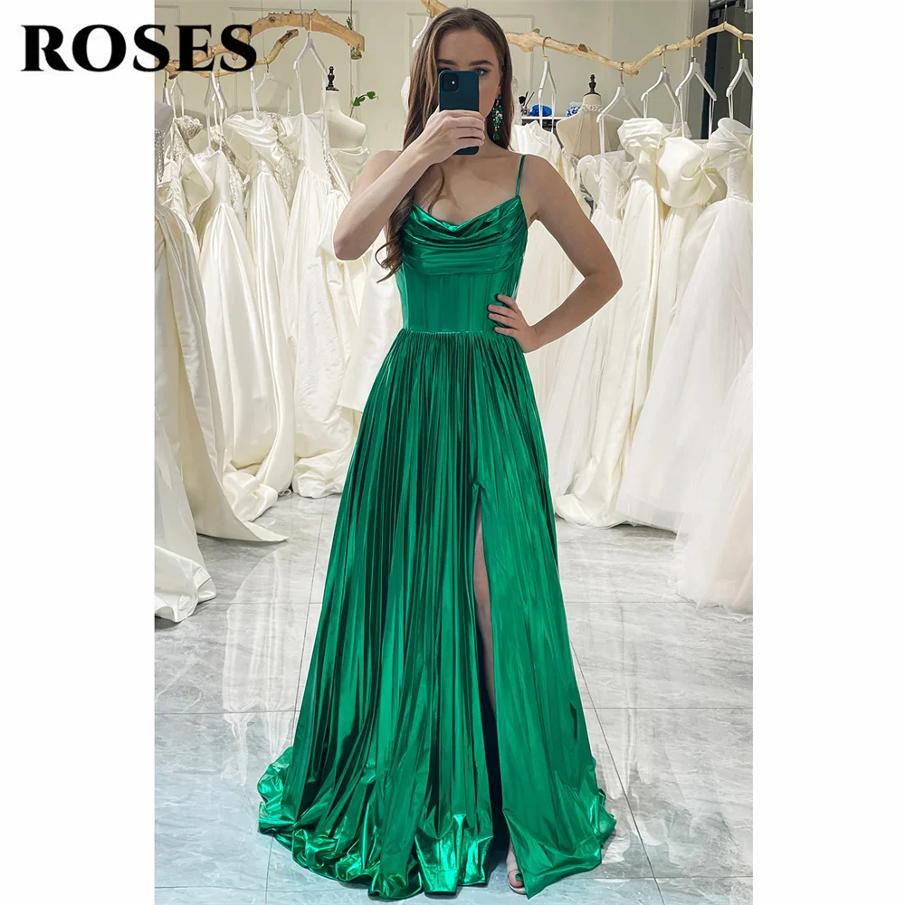 

ROSES Green Prom Dress Strapless Sleeveless Evening Dress With Pleats Satin Party Dress Spaghetti Straps Side High Split 프롬드레스