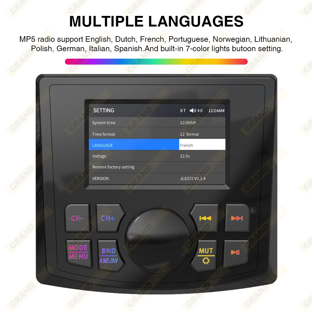 Boat Radio Player Marine Multimedia Player GRANDnavi Marine Stereo MP5 Waterproof IPX5 AUX Bluetooth FM AM RDS Audio For Yacht Gauge ATV UTV SUV Cart SPA
