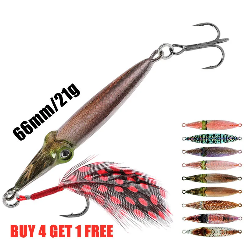 66Mm 21G Metal Squid Fishing Jig Jigbait Lure Placcatura Argento Shore Cast Decoys Metal Bait Esche Artificiali Gancio Di Piume