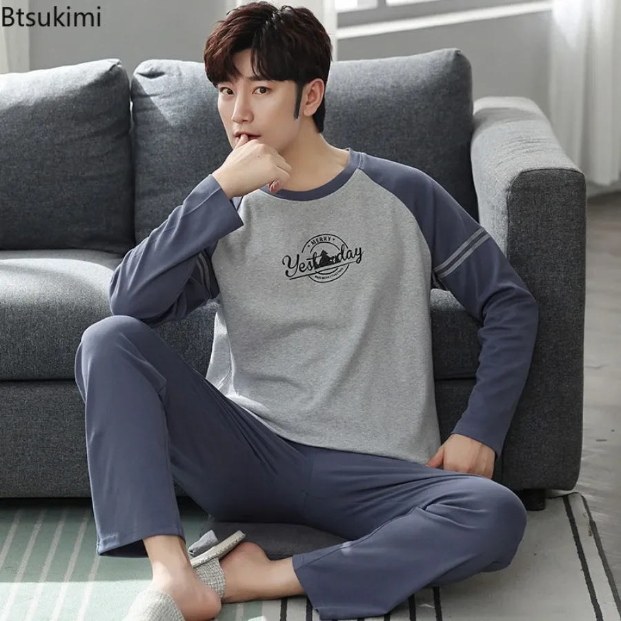 Pajama Sets Fashion Lounge Men's Spring Long-sleeved Tops Trousers Cotton Homewear Comfort Sleepwear Two Pieces