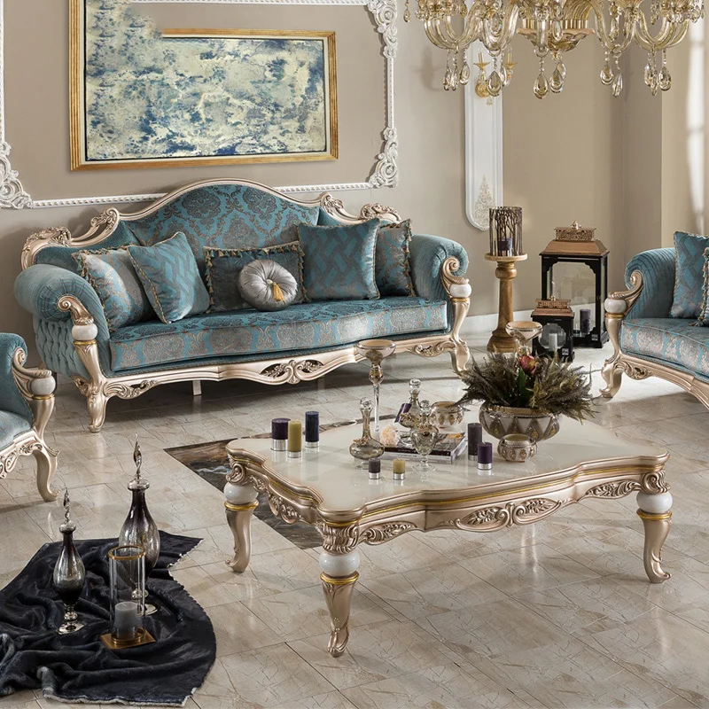 

European Fabric Sofa Combination French Court Solid Wood Carved Neoclassical Villa Living Room Furniture Sleeper Sofa Bed