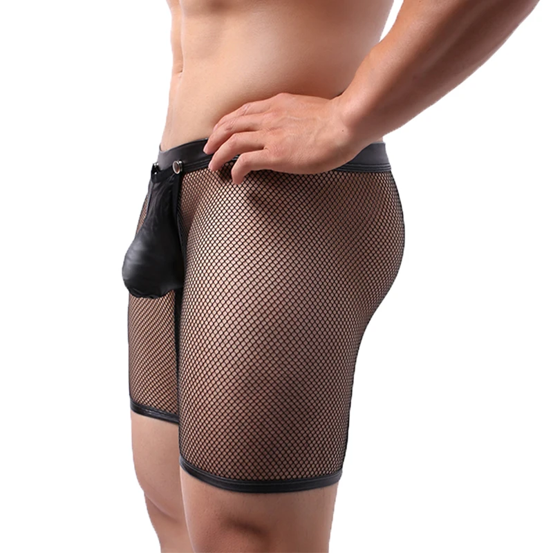 Men Underwear Sexy Boxer Shorts Removable PU Penis Pouch