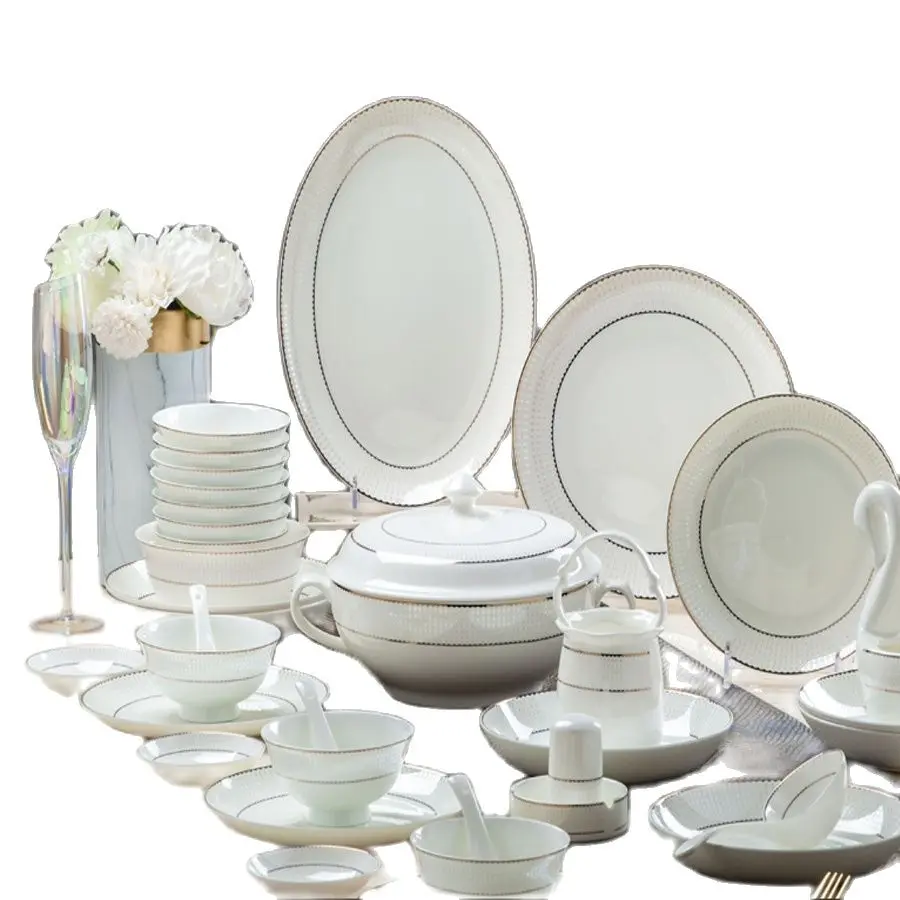

60 Heads Jingdezhen Ceramic Dinner Dish Rice Bowl Soup Bowl Salad Noodles Bowl Plate Dish Dinnerware Set Kitchen Tableware