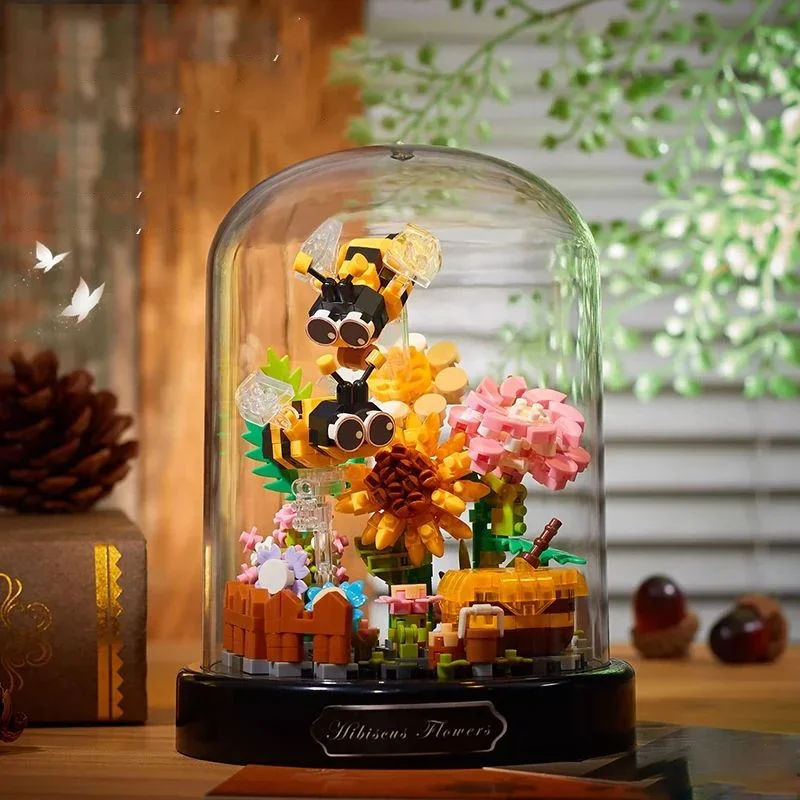 Bee Butterfly Flower Building Blocks Insect Plant Potted Model Bricks With Dust Cover Assembling Educational Learning Gifts Kids