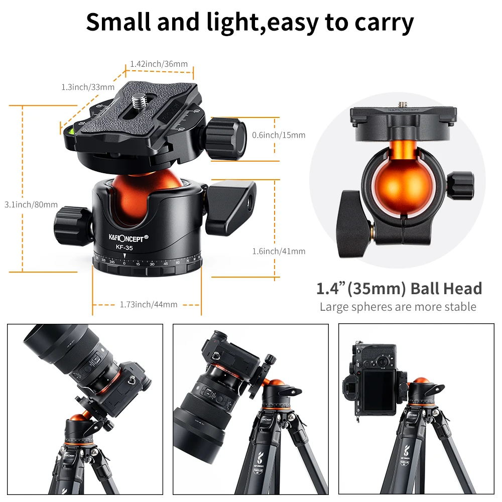 Tripod Ball Head Camera Head Adapter K&F CONCEPT BH-35L Ballhead Tripod Mount Adapter 35mm Large Ball Head Adapter QR Plate 1/4inch Aluminium Alloy 15kg Payload