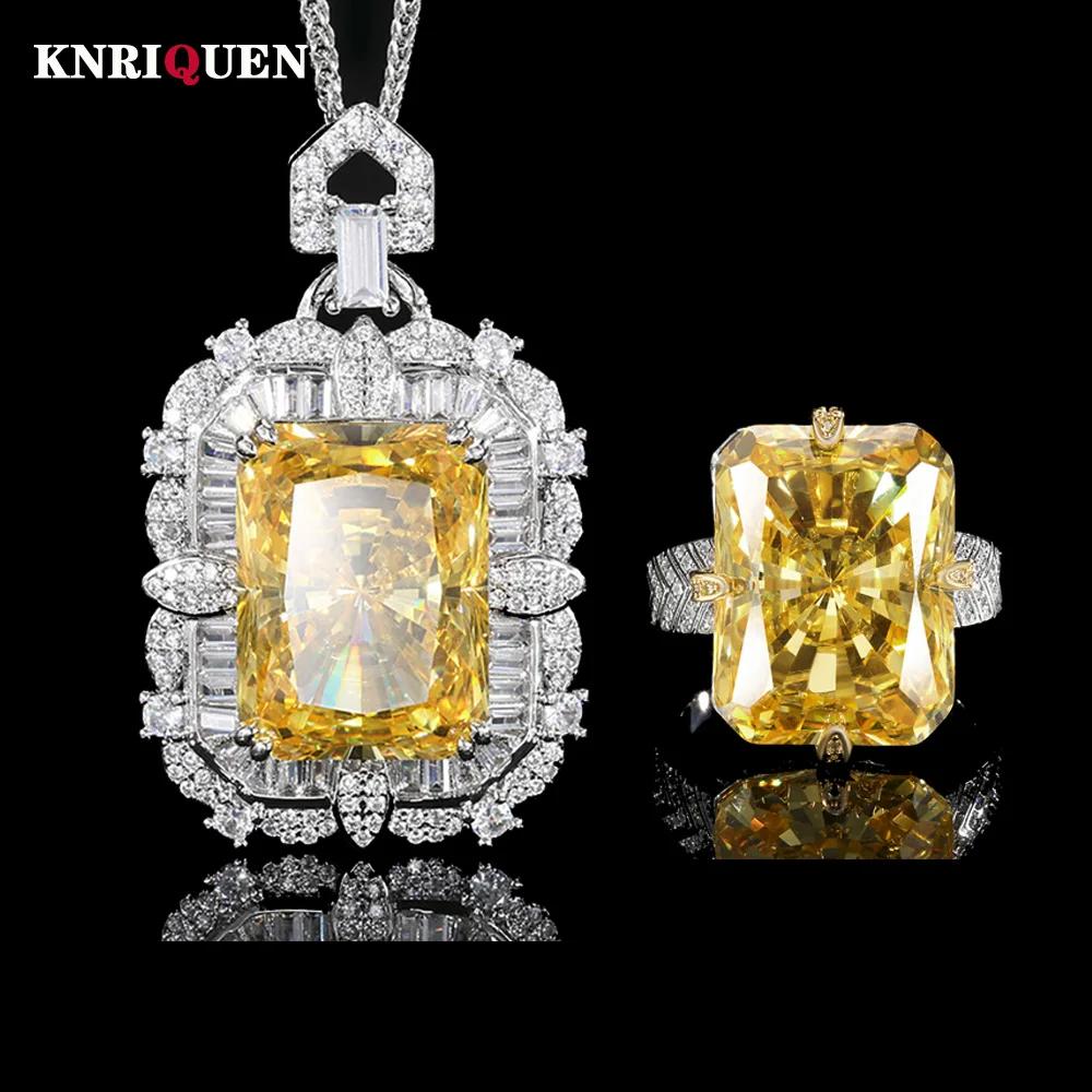 2025 Trend 15*20mm Topaz Pendant Necklace Rings Set for Women Vintage Gemstone Lab Diamond Party Fine Jewelry Sets Female Gift 1