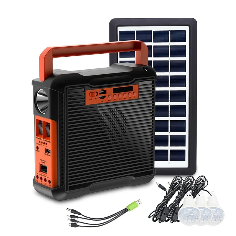 

110V-240V Solar Light Solar Power Panel Generator Kit with 3Bulbs FM Radio Speaker Emergency Outdoor Lighting Camping Flashlight