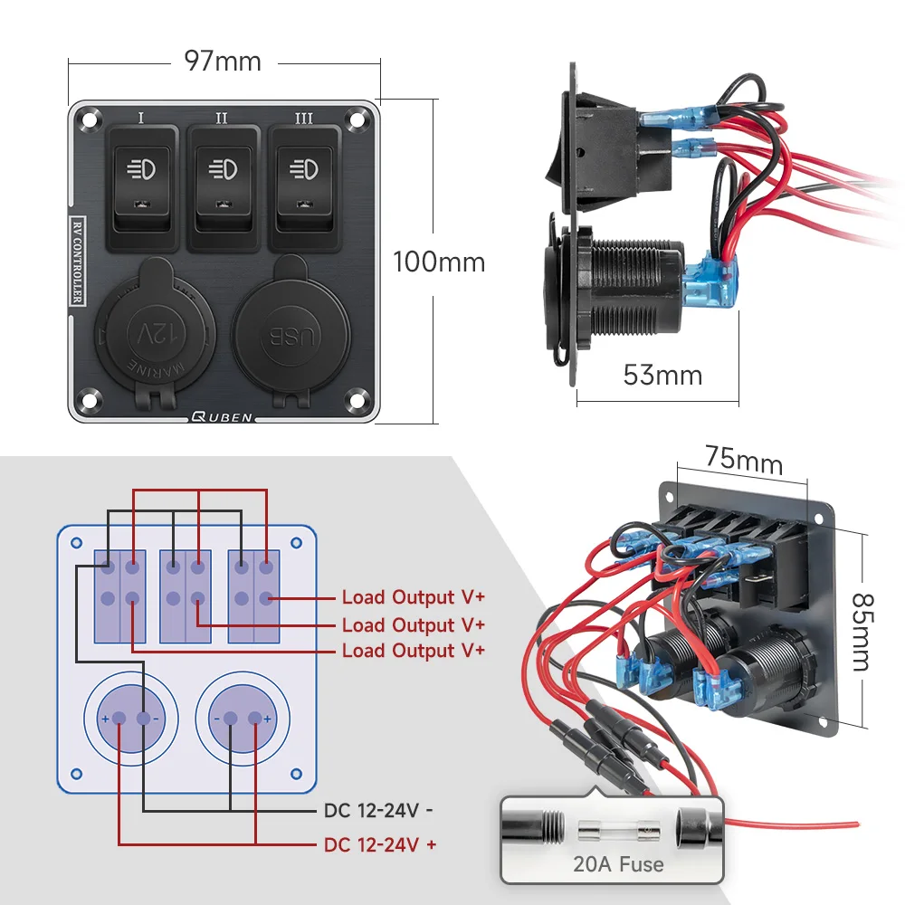 QUBEN 듀얼 USB QC3.0 소켓 충전기 LED 전압계 토글 스위치 다기능 패널, RV 요트 자동차 보트 트럭 차량 및 밴용