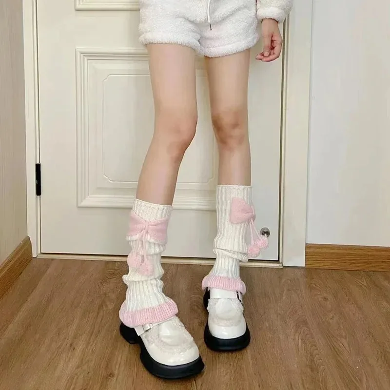 

Harajuku Y2k Girls Cute Bow Plush Ball Leg Warmers Socks Japanese Lolita Kawaii Sweet JK Pink Ruffles Knitted Warm Leg Cover