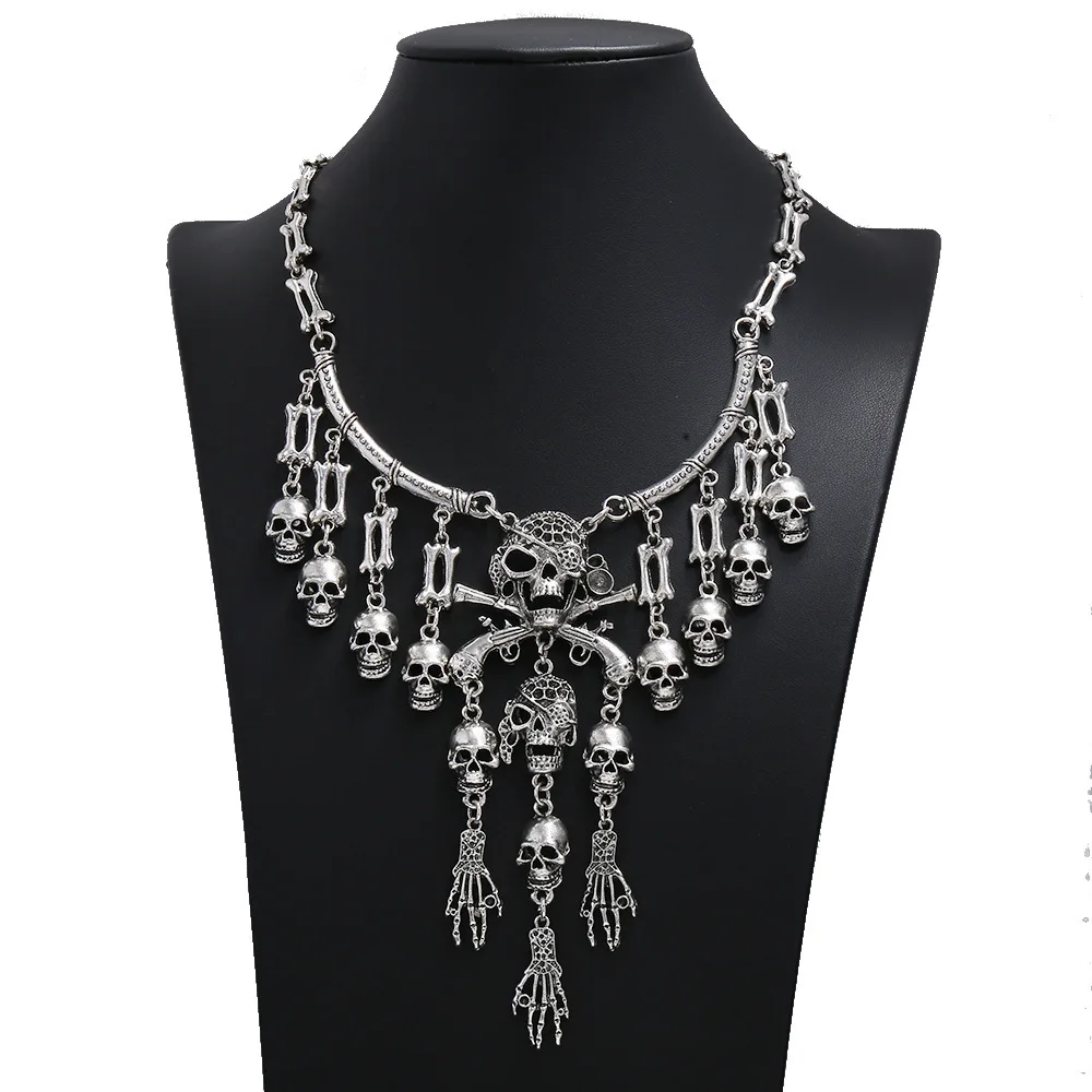Halloween Accessories  Exaggeration Skeleton Charms Choker Retro Metal Pendants Necklaces horro Skull Bones Clavicle Chain Gifts - 2