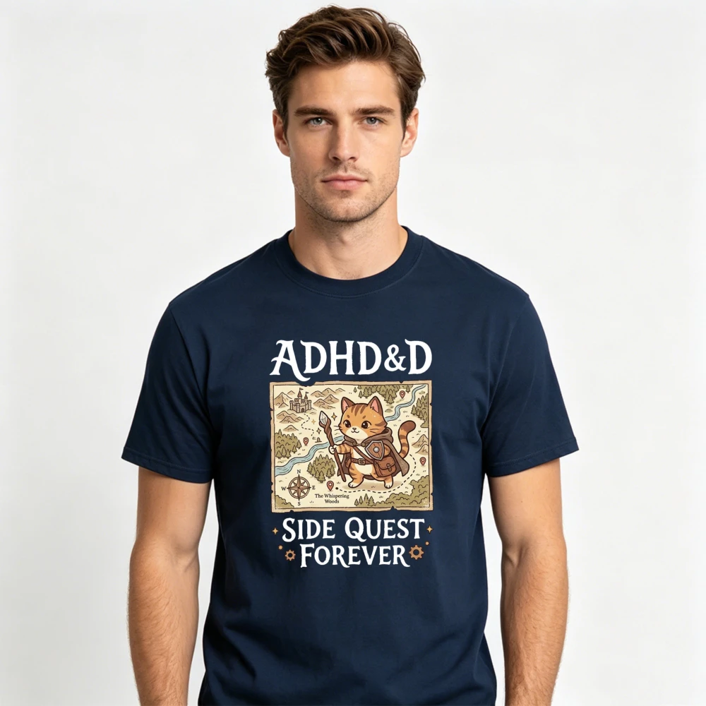 ADHD&D Side Quest Forever Cat RPG DND T-Shirt Vintage Fantasy Map Kitten Graphic Tee Kurzarm-T-Shirt mit Rundhalsausschnitt für Herren