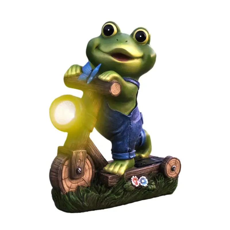 

Garden Frog Statue Solar Energy Frog Cycling Sculpture Cute Outdoor Light Animal Figurine Happy Frog Lawn Ornament Yard Home