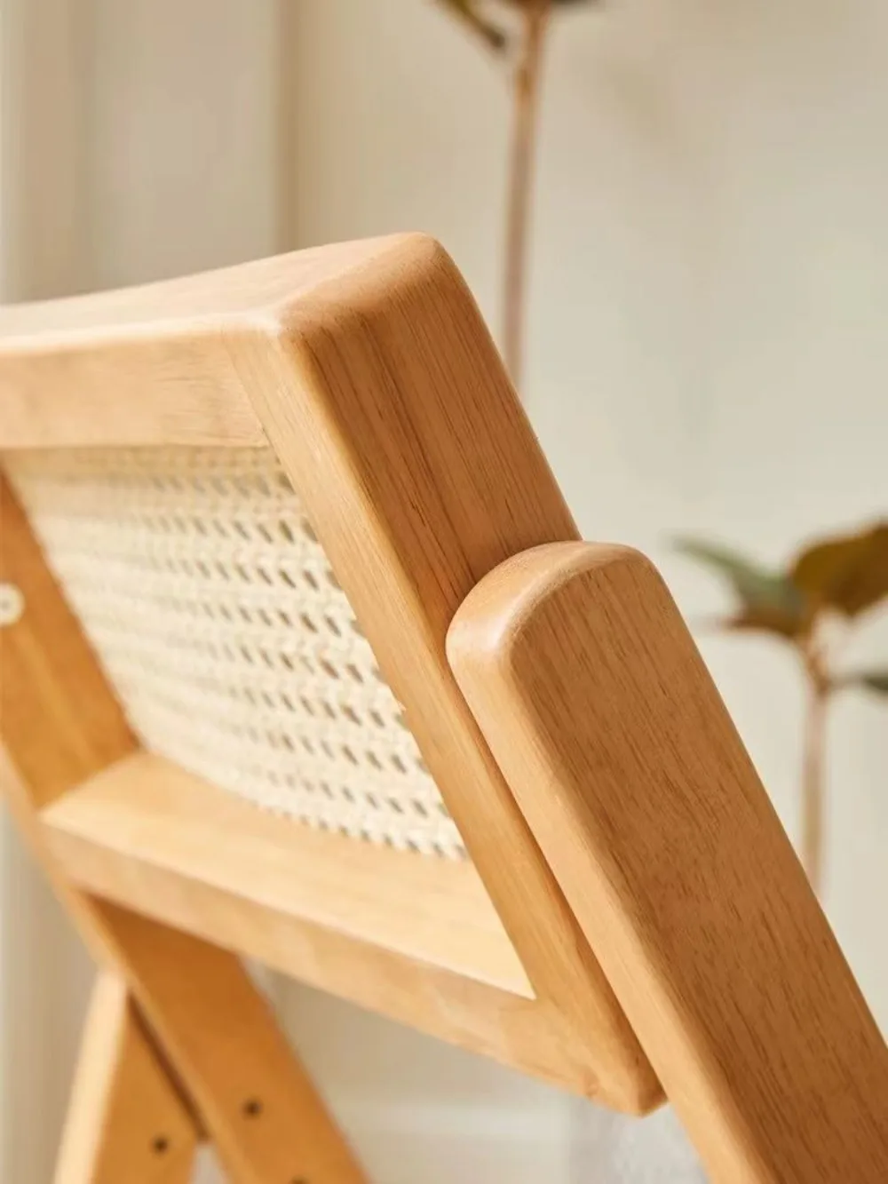 Wabi Stillwind Rattan Chair Household Folding Nanzhu Solid Wood Stool Backrest Dining Chair Nordic Log Wind Eating