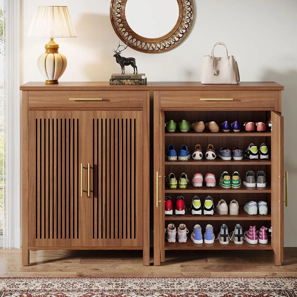 5-Tier Shoe Cabinet with Louvered Doors and Drawer, Freestanding Wooden Shoe Rack Organizer for Entryway, Hallway