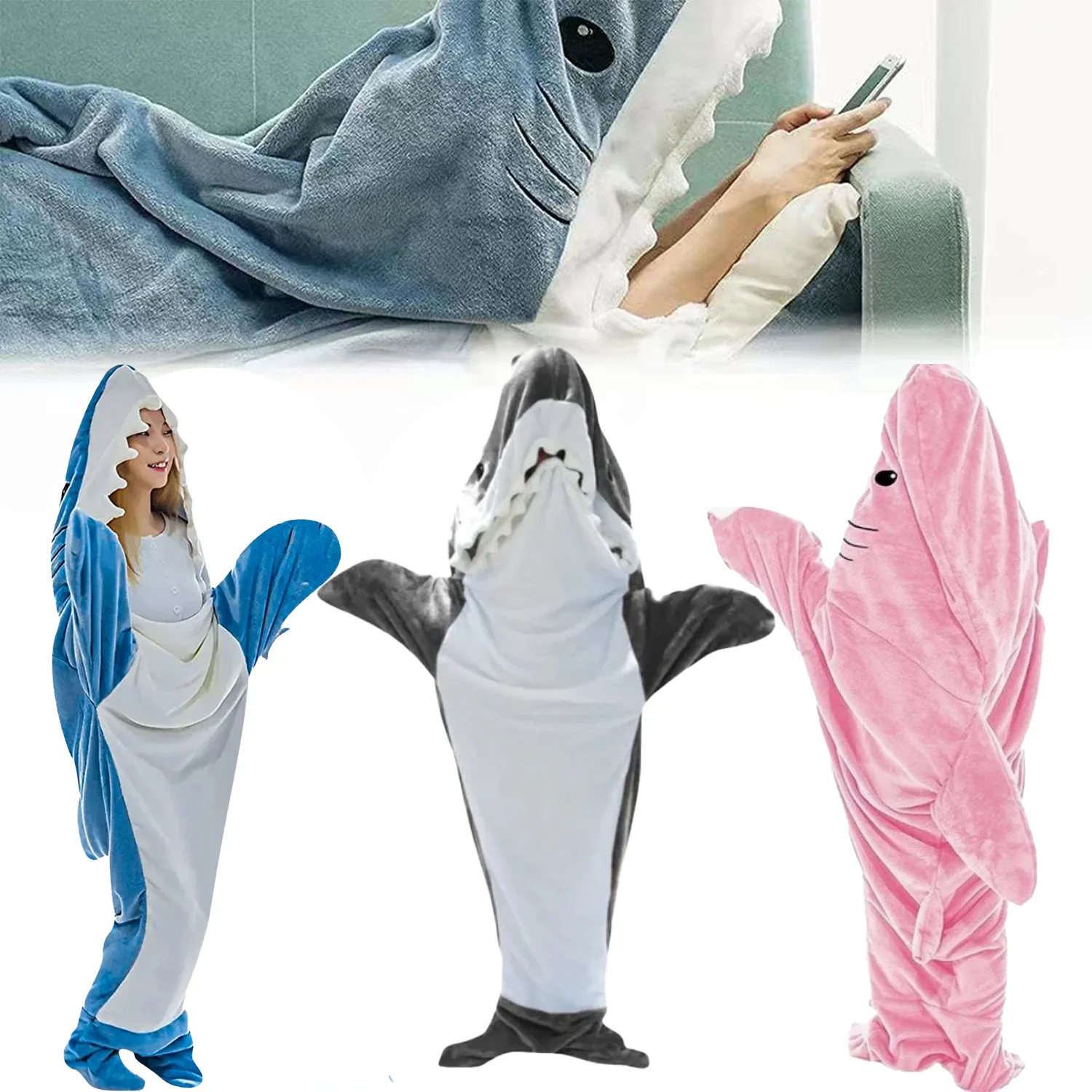 

Cartoon Shark Sleeping Bag Pajamas Shark Blanket High Quality Fabric Mermaid Shawl Wearable Blanket For Children Adult