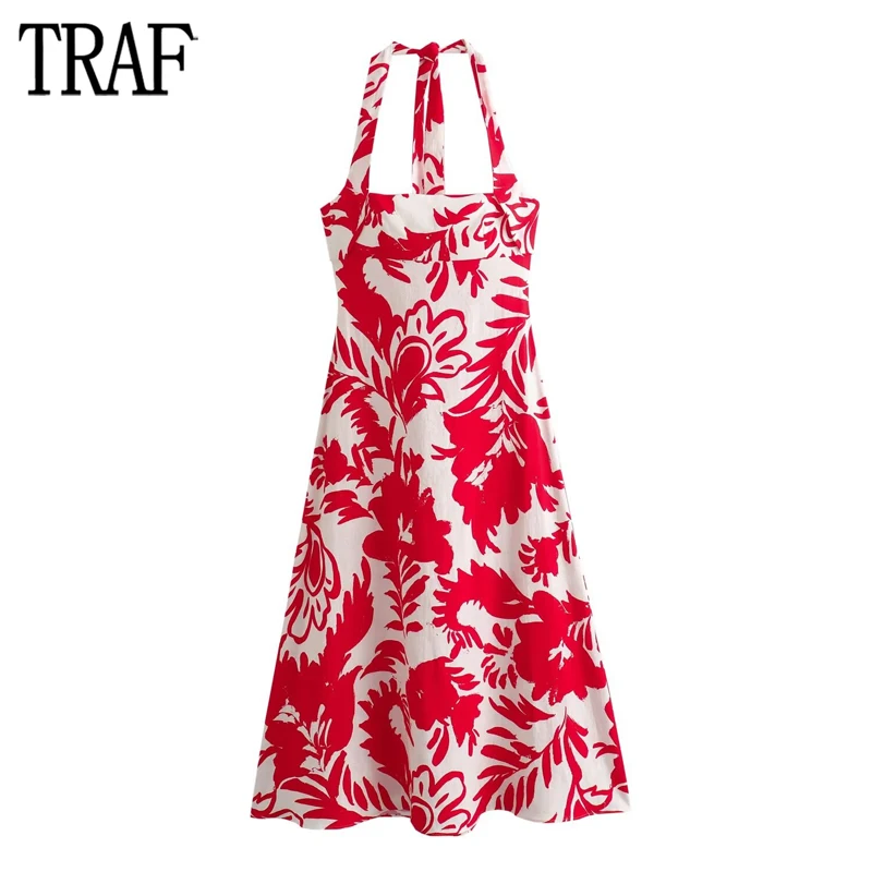 

TRAF Red Print Slip Dress Woman Summer Backless Midi Dresses for Women Beach Halter Long Dress Woman Thin Straps Female Dress