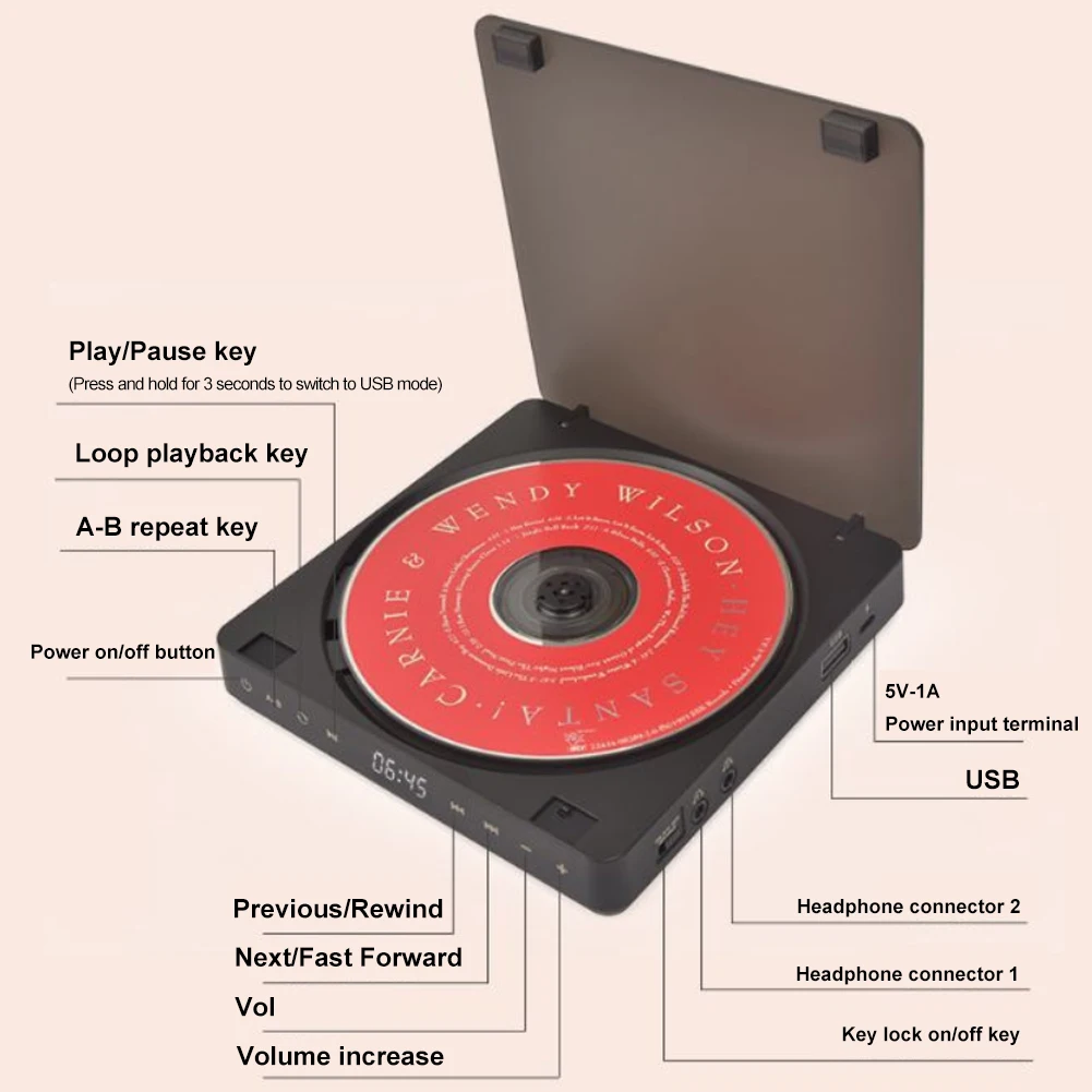 Hifi 스테레오 스피커 학습 레트로 CD 디스크 터치 컨트롤 앨범 플레이어, 디지털 디스플레이 지지대 CD, MP3, WMA 레트로 홈 오디오 플레이어