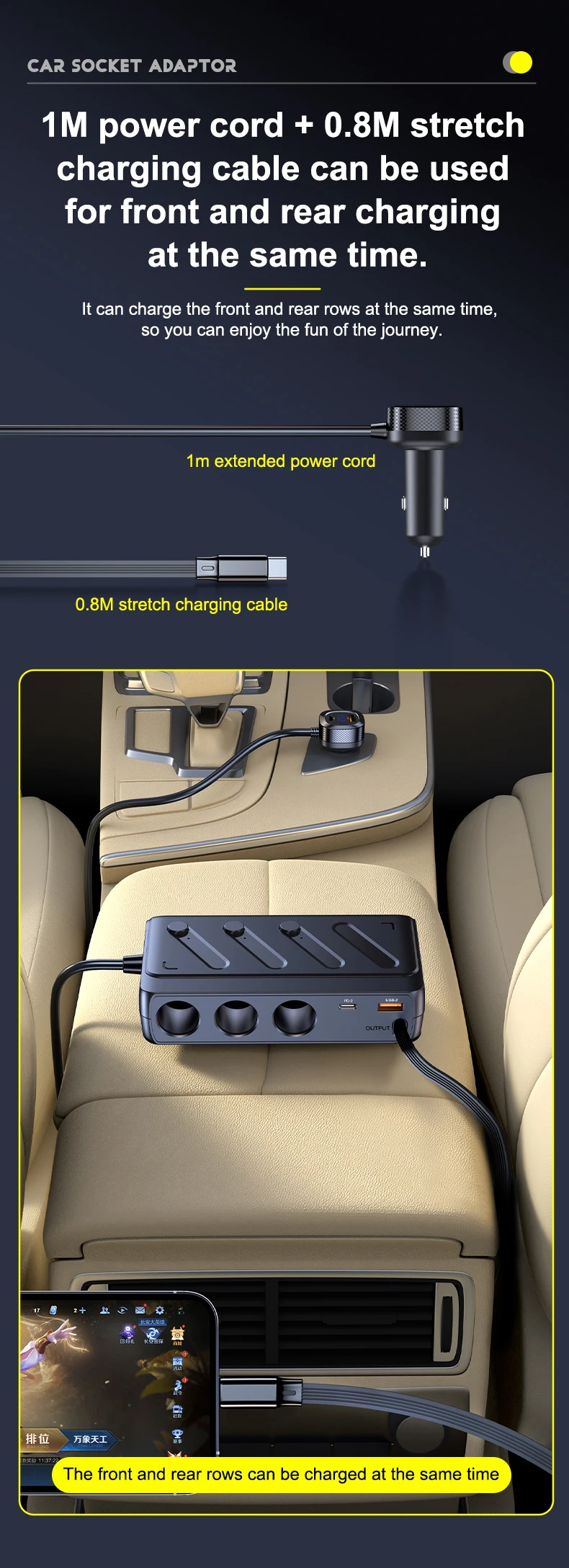 187W Cigarette Lighter Adapter 8 in 1 Cigarette Lighter Splitter 3 Socket Car C