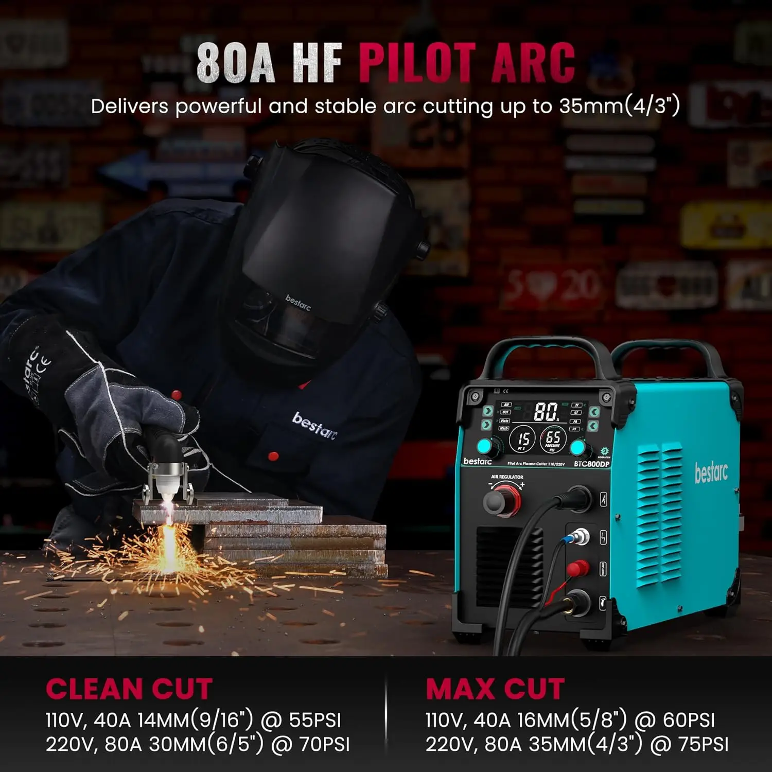 Plasma Cutter, [Pilot Arc] [Large LED Display] [Air Sensor] 80A bestarc Plasma Cutter Machine 110/220V Dual Voltage, 7/8 Inch