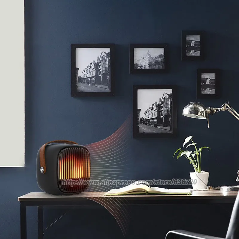Portable Space Heater with Thermostat, for indoor use with realistic 3D flame, 800W PTC Ceramic Heating, Tip-Over Safety Switch