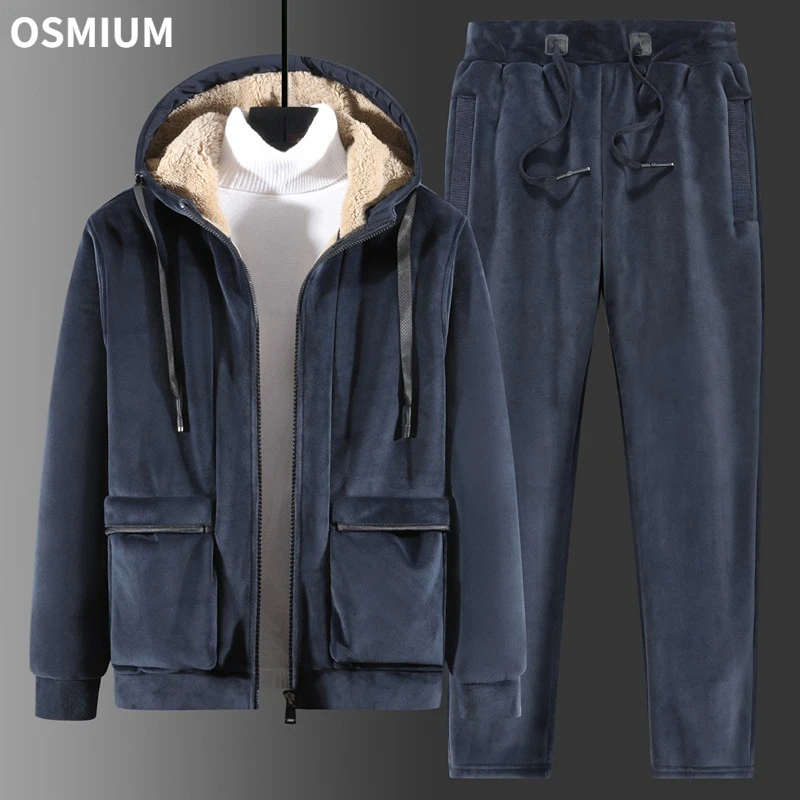 

Autumn Winter Faux Cashmere Coat Men Cotton Quilted Hooded Pants Set Casual 2 Piece Set Boys Streetwear Outfits Plus Size 7xl