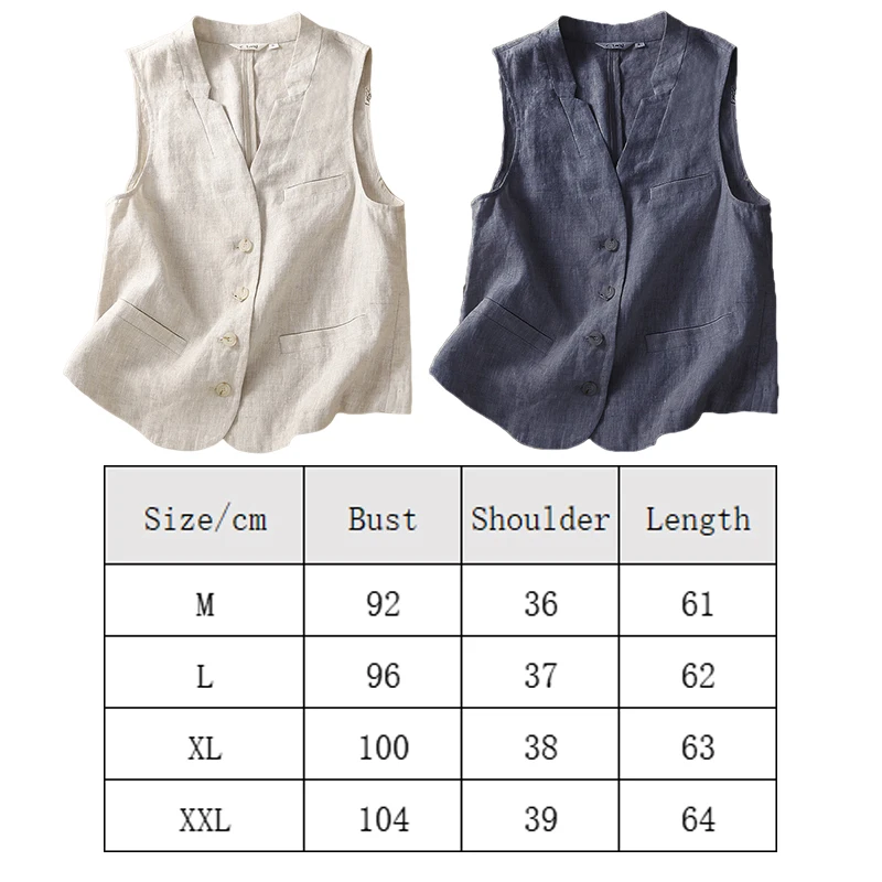 Vintage Damen Weste Baumwolle Leinen Lässige Lose Weste Oberbekleidung Einreiher V-Ausschnitt Ärmellose Westen Jacken 2024 Sommer Top – Detail 1
