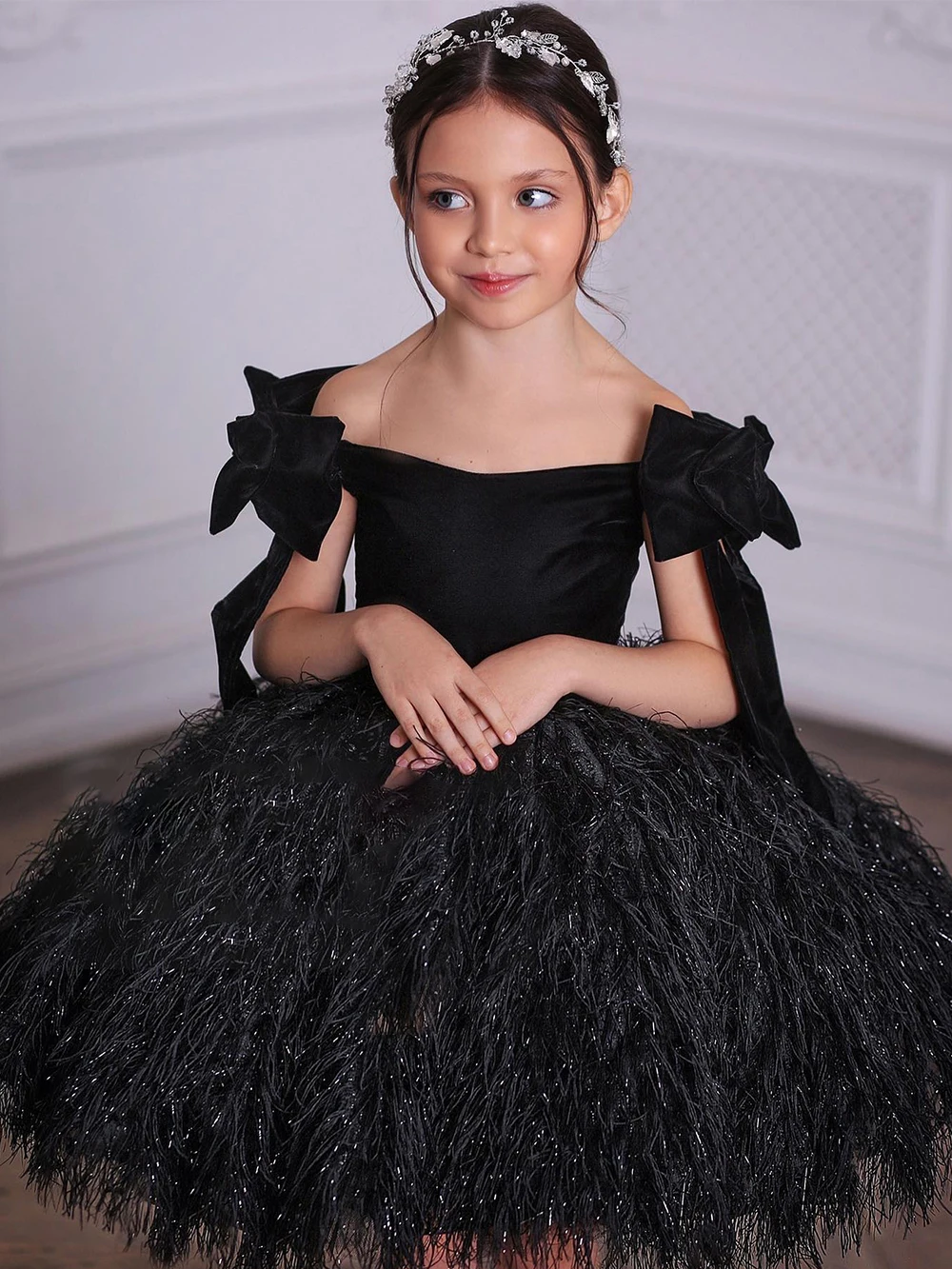 

Puffy Feather Princess Dress Black Girl Party Dresses Flower Girl Dresses Cute Baby Girl Dress First Communion