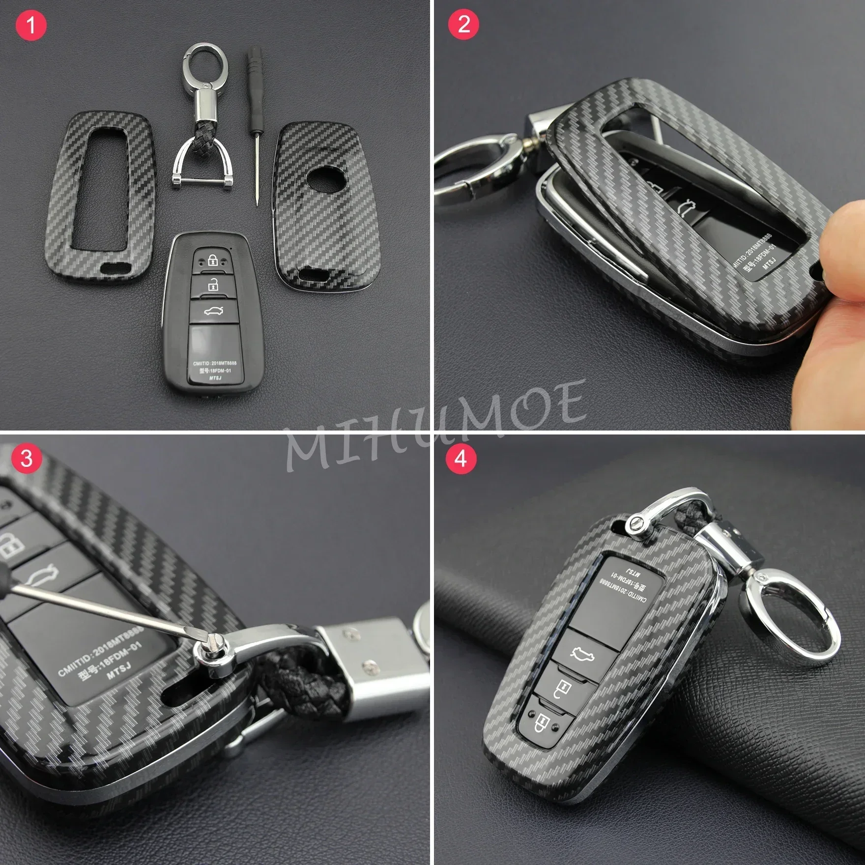 For Toyota Car Key Case Cover Fob Chain Ring Shell Camry RAV4 Avalon Corolla C-HR Prius 86 GT86 Mirai 4Runner Carbon Fiber 6