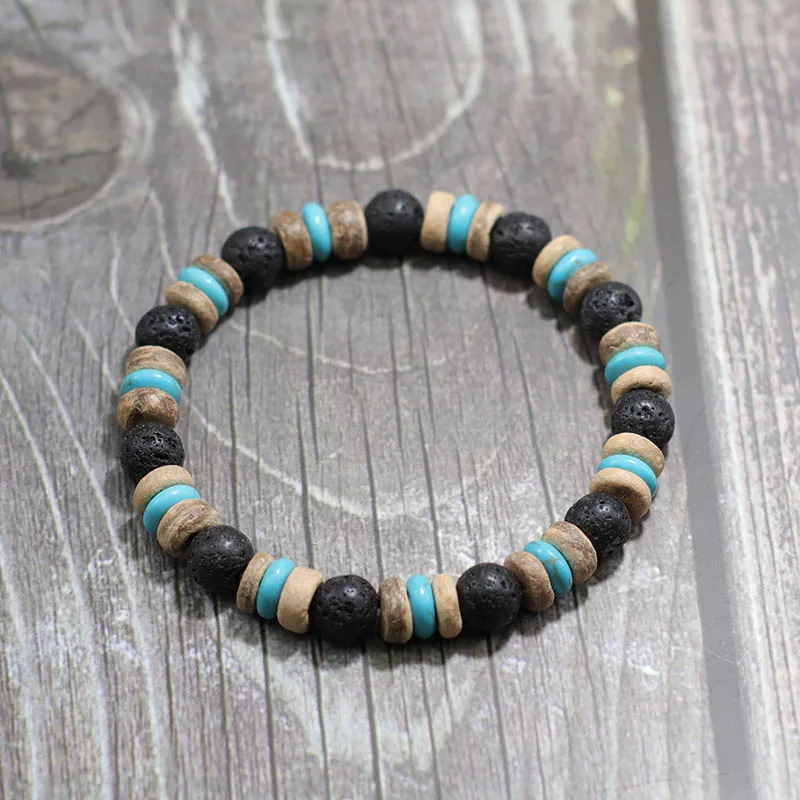 Mens Natural Wood Beaded Lava Obsidian Stone Bracelet