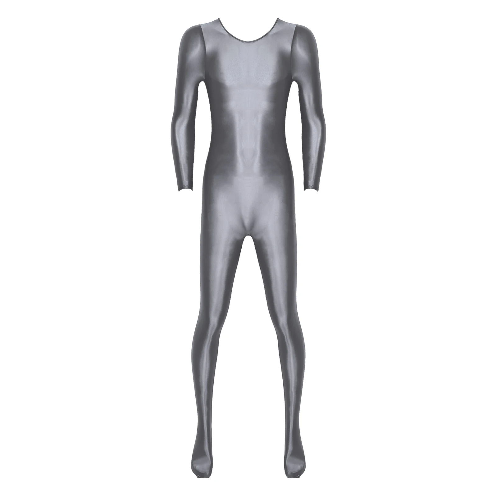 Mens Smooth One Piece Jumpsuit Sports Gymnastics Workout Fitness Romper Long Sleeve Bodystocking Nightwear Round Neck Bodysuit