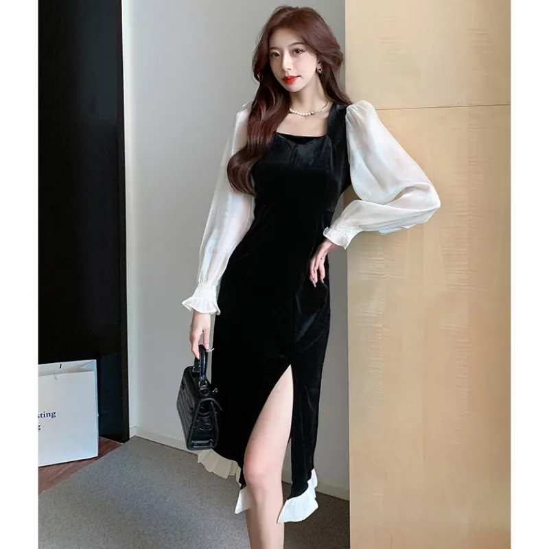 

2023 Dresses For Women New Style French Stitching In Autumn, Vintage, Velvet Free Shipping