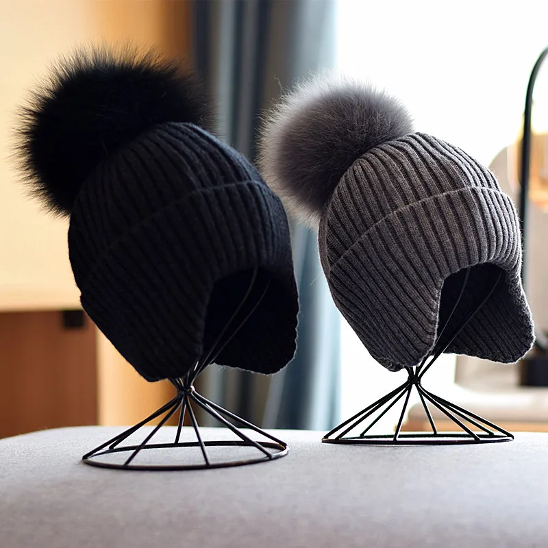 

New Ear Protection Pom Pom Hat for Women Autumn Winter Warm Knitted Hat Fox Hairball Woolen Hat Korean Version Casual Beanie Cap