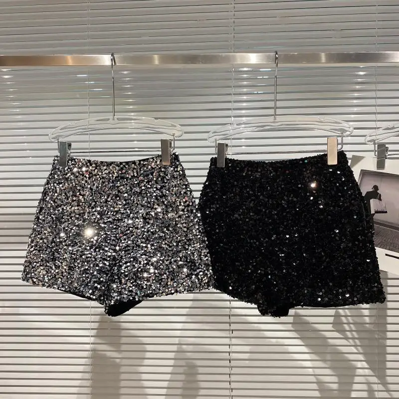 

2023 New Spring and Autumn Black Velvet Shorts Women Sequined Shiny Versatile Short Pants Clubwear Shorts Hot Pants High Street