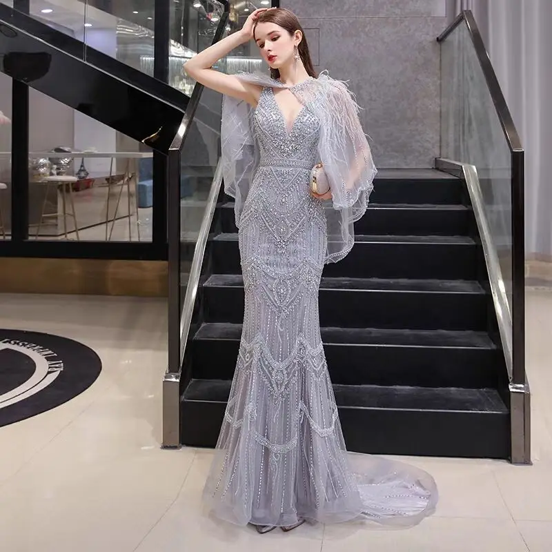Moslim Grey Mermaid Avond Jurken 2025 Luxe Kralen Elegante Overrok Satijn Voor Vrouwen Party LA71543 main image 0