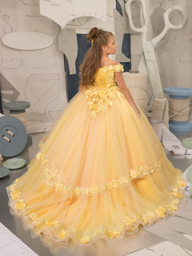 Yellow Flower Girl Dresses Tulle Tiered Appliques With Tailing Sleeveless For Wedding Birthday Party Banquet Gown flower girl dresses floral appliqu&eacute; dress
