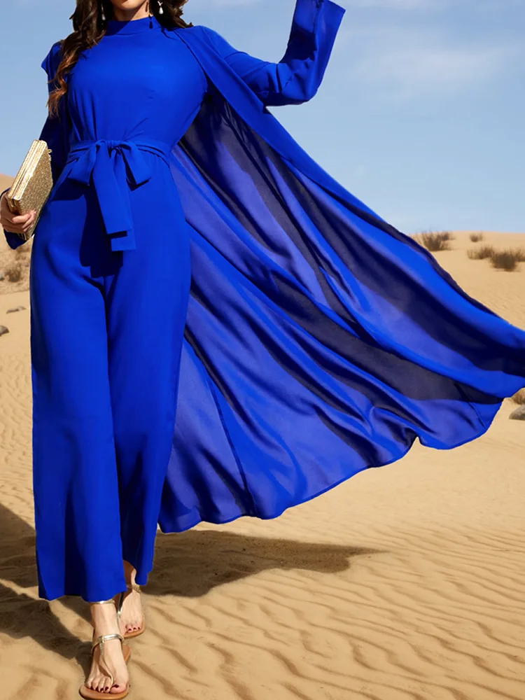 

Cardigans Dubai Islam Open Abaya Turkish Modest Outfits Solid Color Jumpsuit Fashion Blue Ramadan Eid Muslim Sets