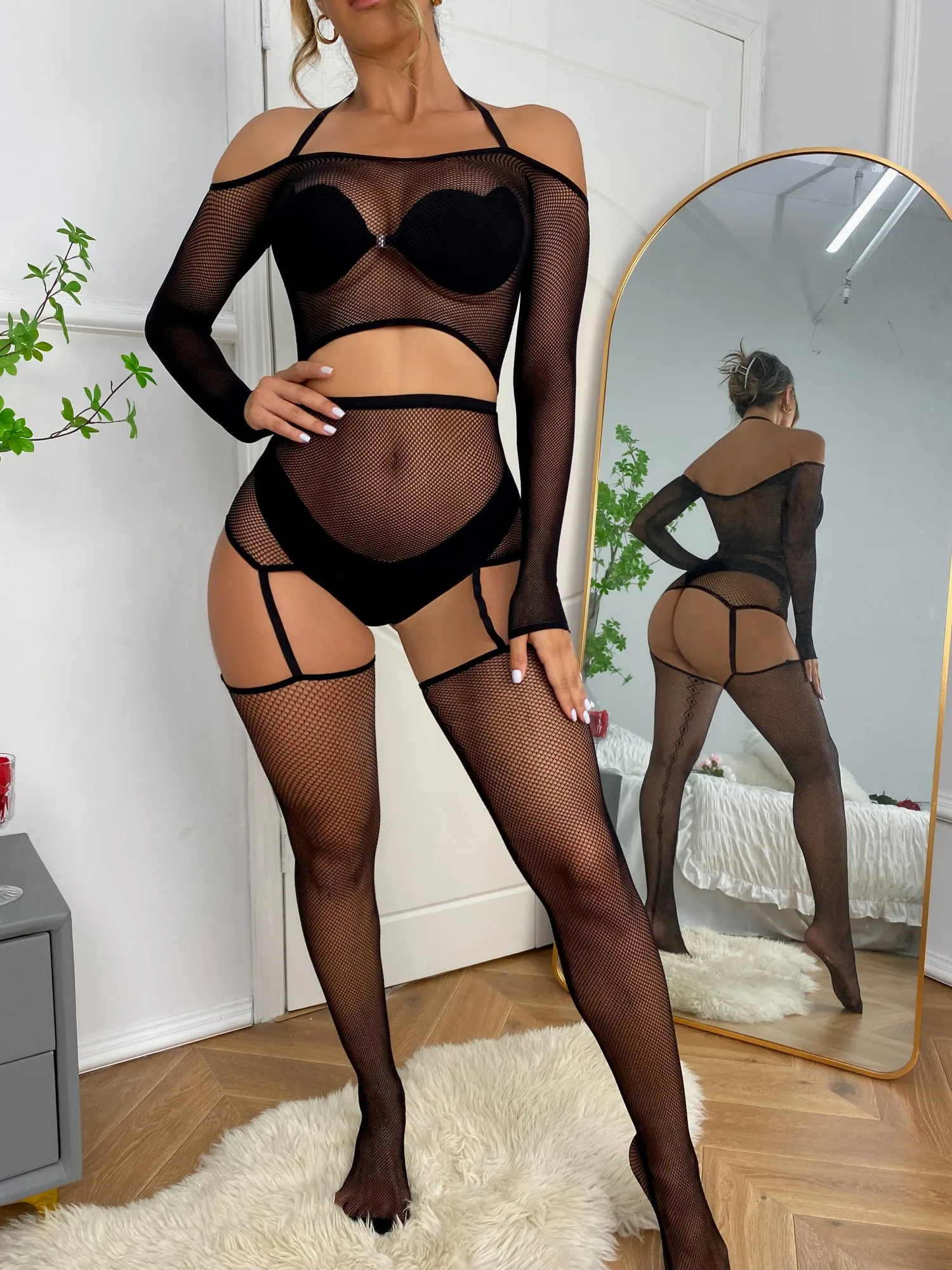 Sexy Fishnet Lingeire Bodycon 2 Piece Suit Full Body Stocking Bodystocking