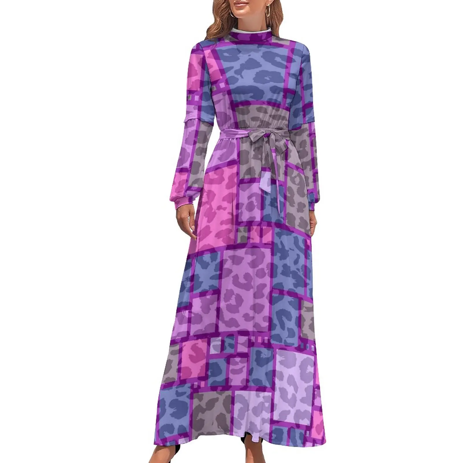 

Retro Square Dress Leopard Print Casual Boho Beach Dresses Woman Long Sleeve High Neck Cute Long Maxi Dress