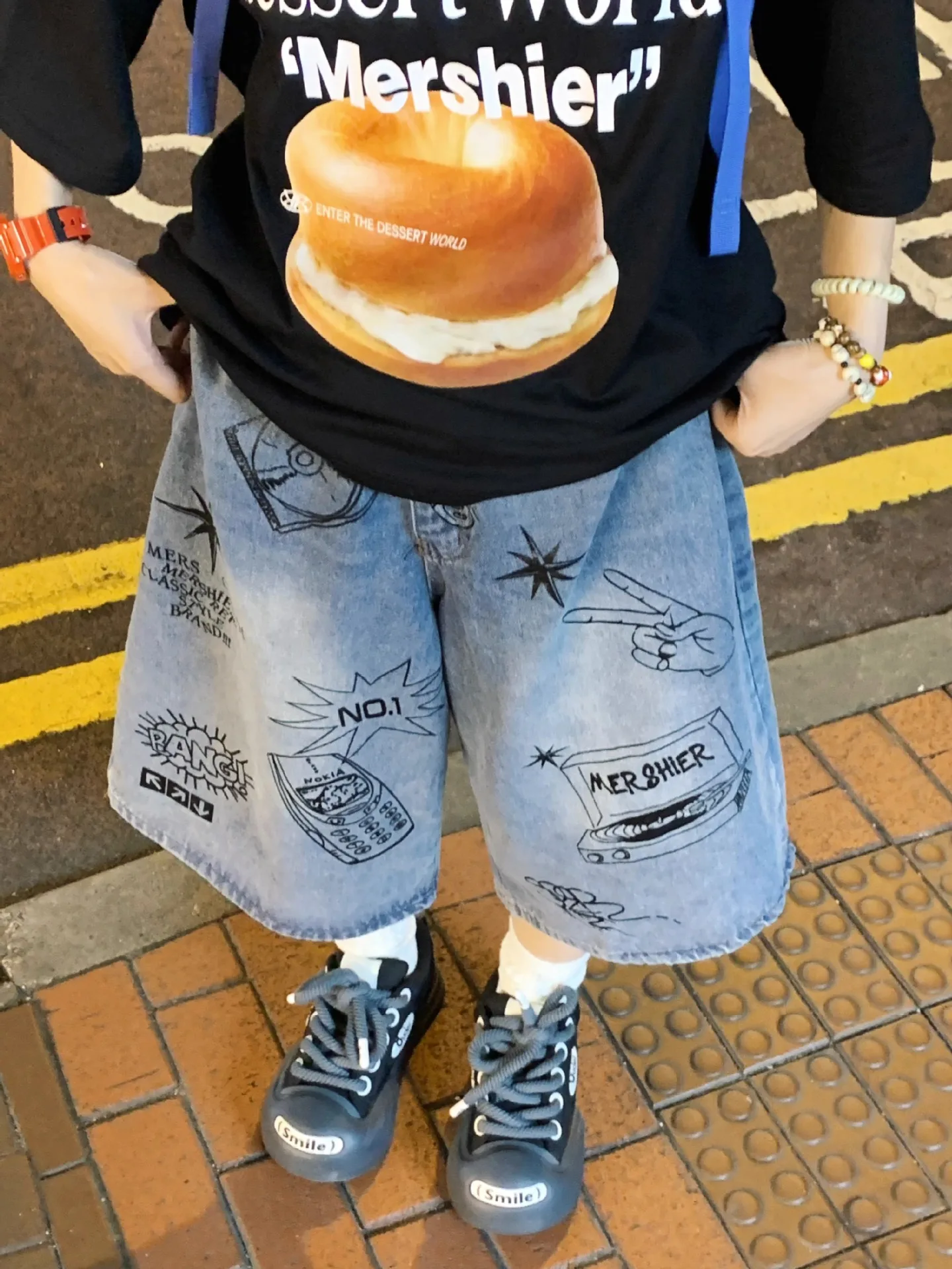 American retro cropped men jeans Shorts Y2k Gothic washed loose straight casual couple Denim shorts sweatpants w864