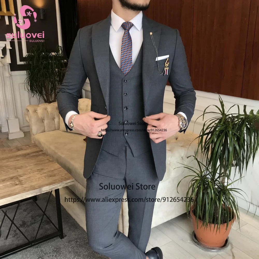 Fashion Office Suit For Men Slim Fit 3 Piece Jacket Vest Pants Set Male Business Blazer Formal Groom Wedding Peaked Lapel Tuxedo
