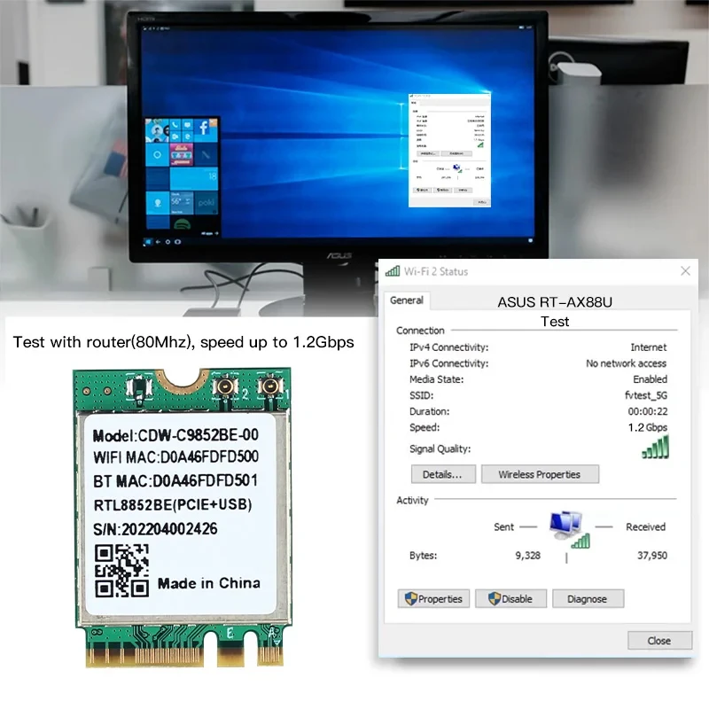 Realtek RTL8852BE M.2 NGFF 어댑터 용 WiFi 6 듀얼 밴드 AX1800 노트북/PC 용 Bluetooth 5.0 무선 802.11AX 2.4G/5G Wlan 카드