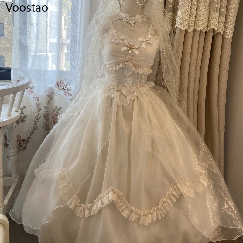 Sweet Lolita Princess Jsk Dress Women Elegant Mesh Lace Pearl Bow Party Wedding Dresses Girly Kawaii Sleeveless Trailing Dress