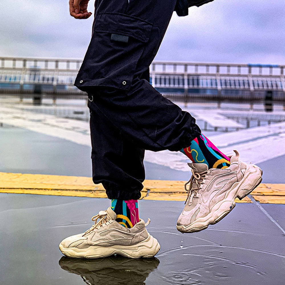 Fashion Men Socks 3Pairs Harajuku Cool Hip-Hop Skateboard Ins Color Trend Basketball Breathable Sports Running Long Socks Women