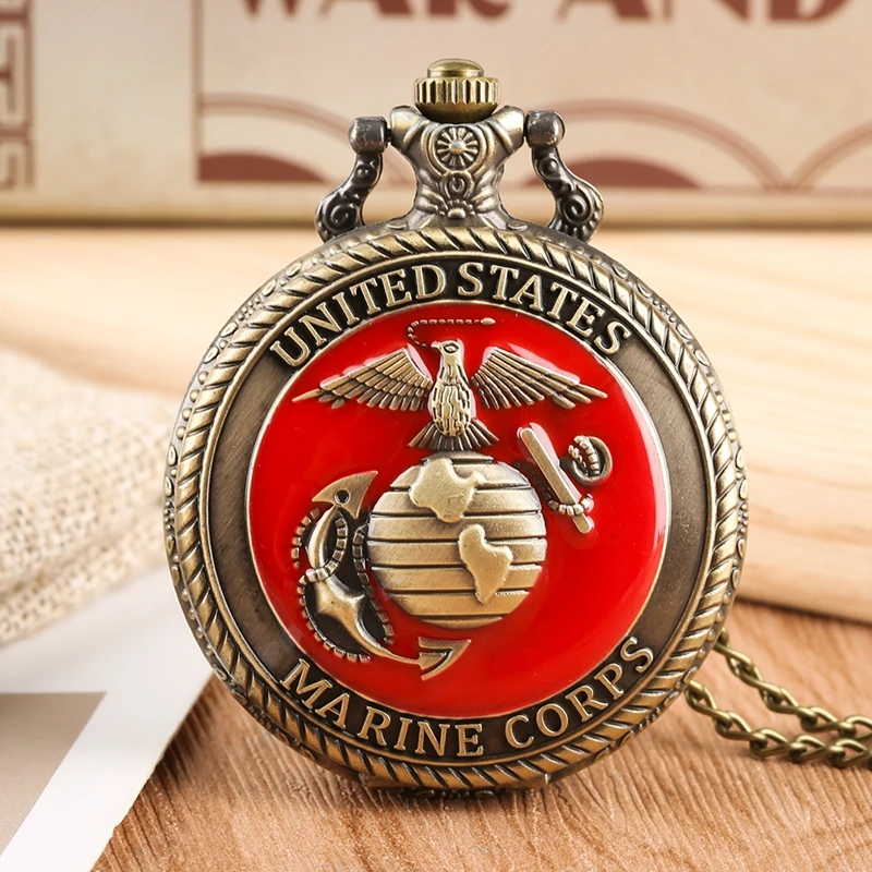 

Eagle Red Vintage Bronze United States Marine Quartz Necklace Pocket Watch Display Pendant Pocket Clock Collections Gifts