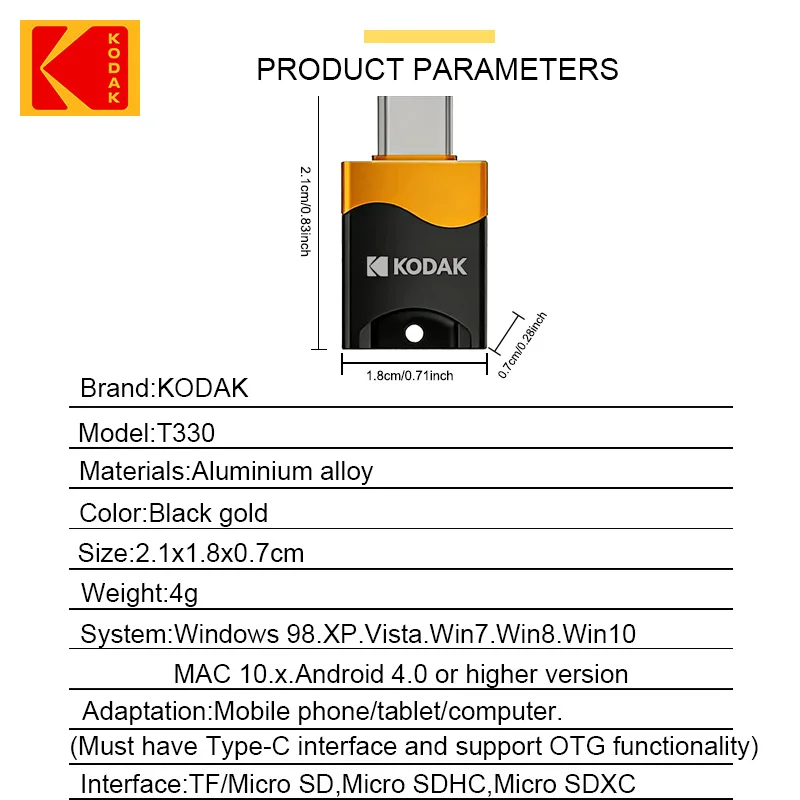 코닥 타입-C TF 모바일 카드 리더 USB 3.1 타입-C 노트북 다기능 OTG 카드 리더 노트북 및 휴대폰에 적합