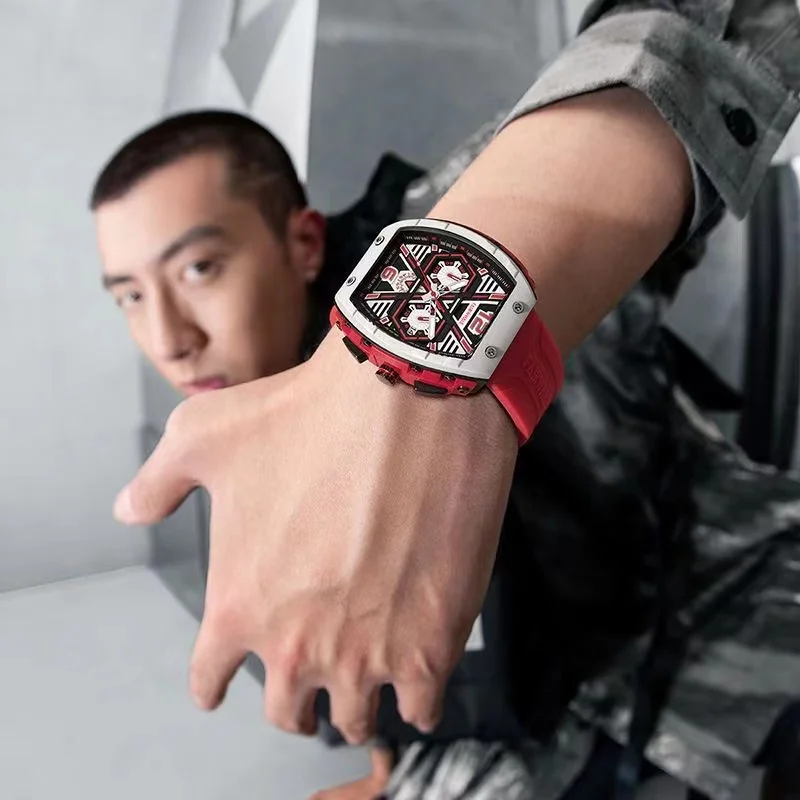 Fashion Men Watches 2023 Luxury Brands Mark Fairwhal Tonneau Clock Sports Yellow Silicone Strap Waterproof Quartz Man Wristwatch