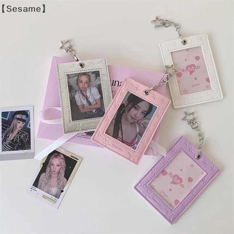 Sesame Starry PU Leather Photocard Holder with Keyring Pendant