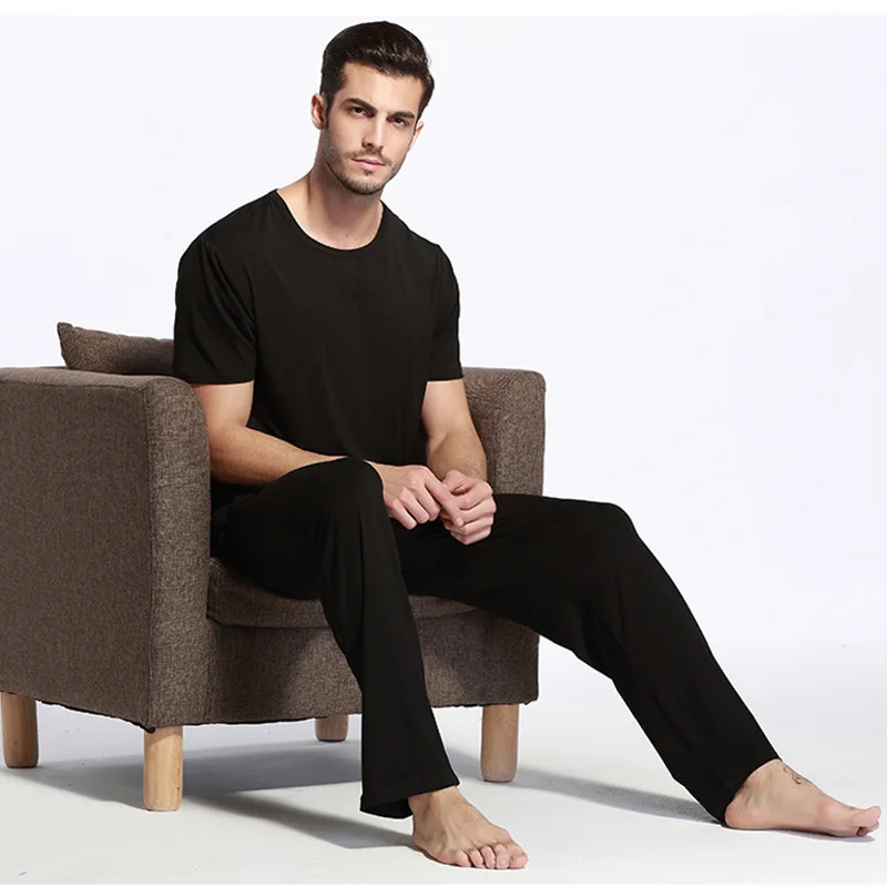 Bamboo Fiber Mens Lounge Wear Comfort Soft Sleepwear For Sleeping Short Sleeve Tshirt Top Male Trouser With Pocket Pajamas Sets