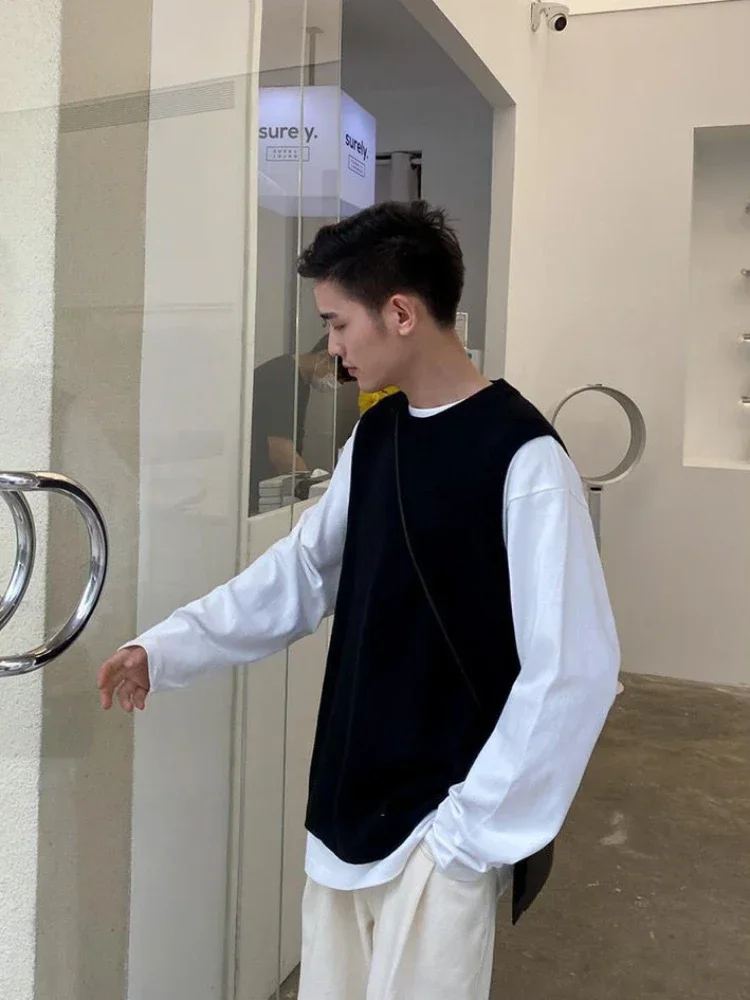 Knit Sweater Male Solid Color Plain Slit Men's Clothing Black Vest Waistcoat Sleeveless Korean Autumn Clothes Winter A Neck